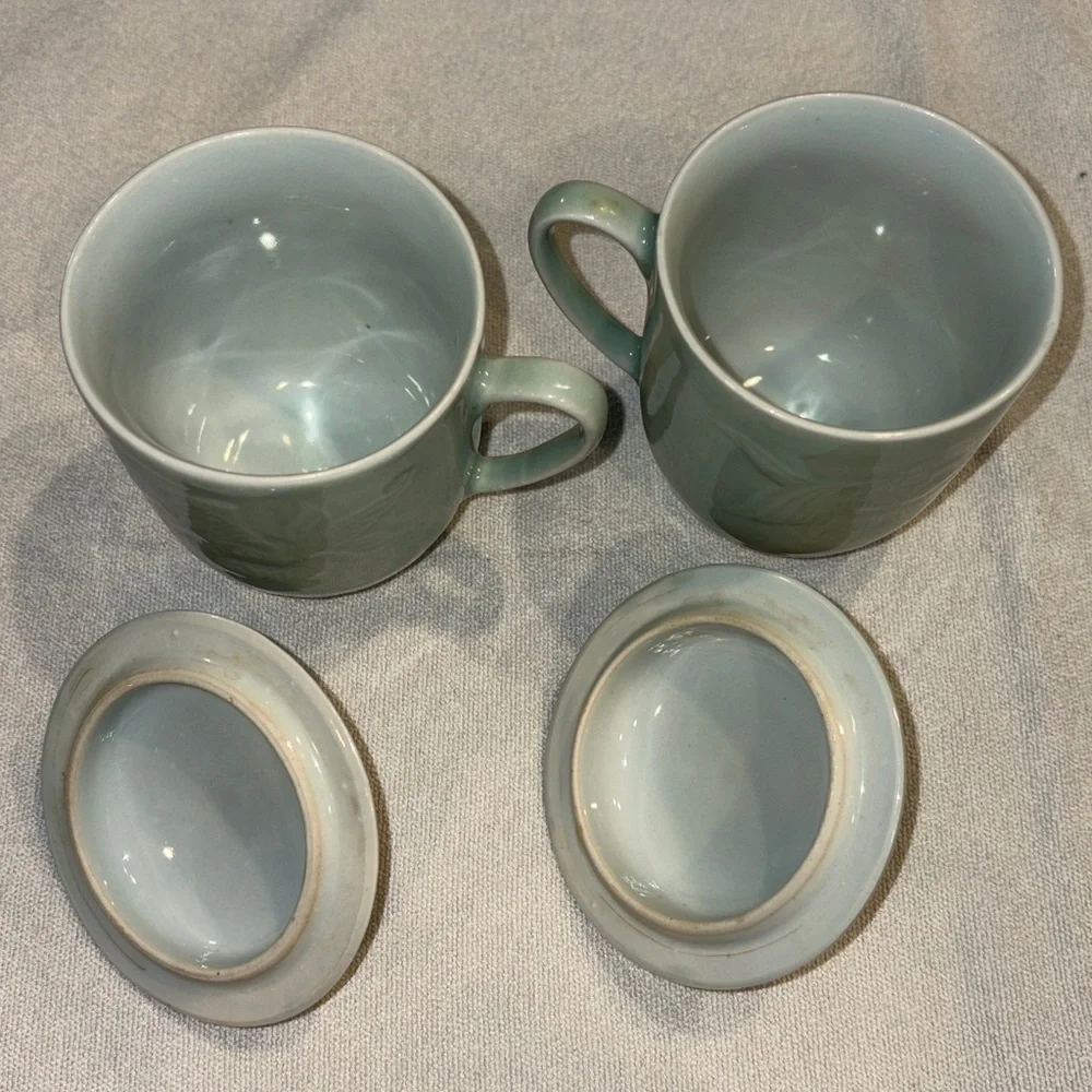 Vintage Pier 1 Elegant celadon koi fish Mugs with Lids